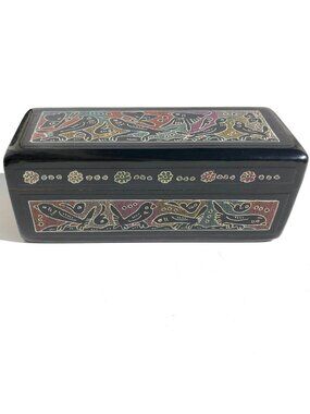Olinala Mexico Black Lacquer Wood Box Birds Flowers Butterfly Folk Art Hinged